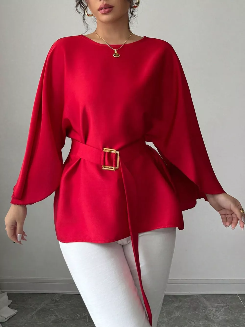 Round Neck Belt Batwing Sleeve Blouse, image 3
