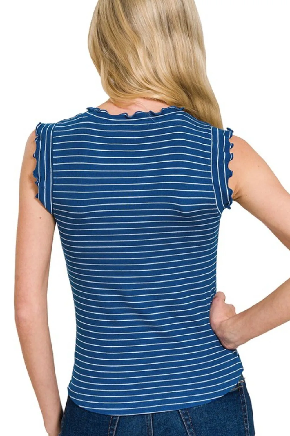 Ribbed Ruffle Trim Sleeveless Stripe Top, image 2