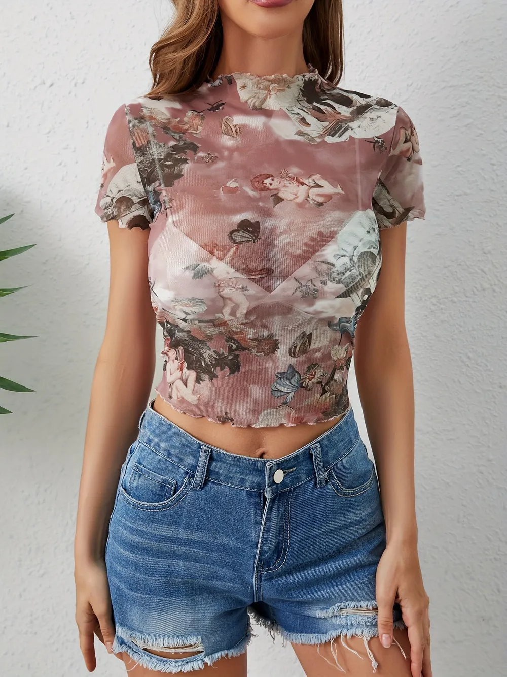 Abstract Print Ruffled Mock Neck Crop T-Shirt, image 12