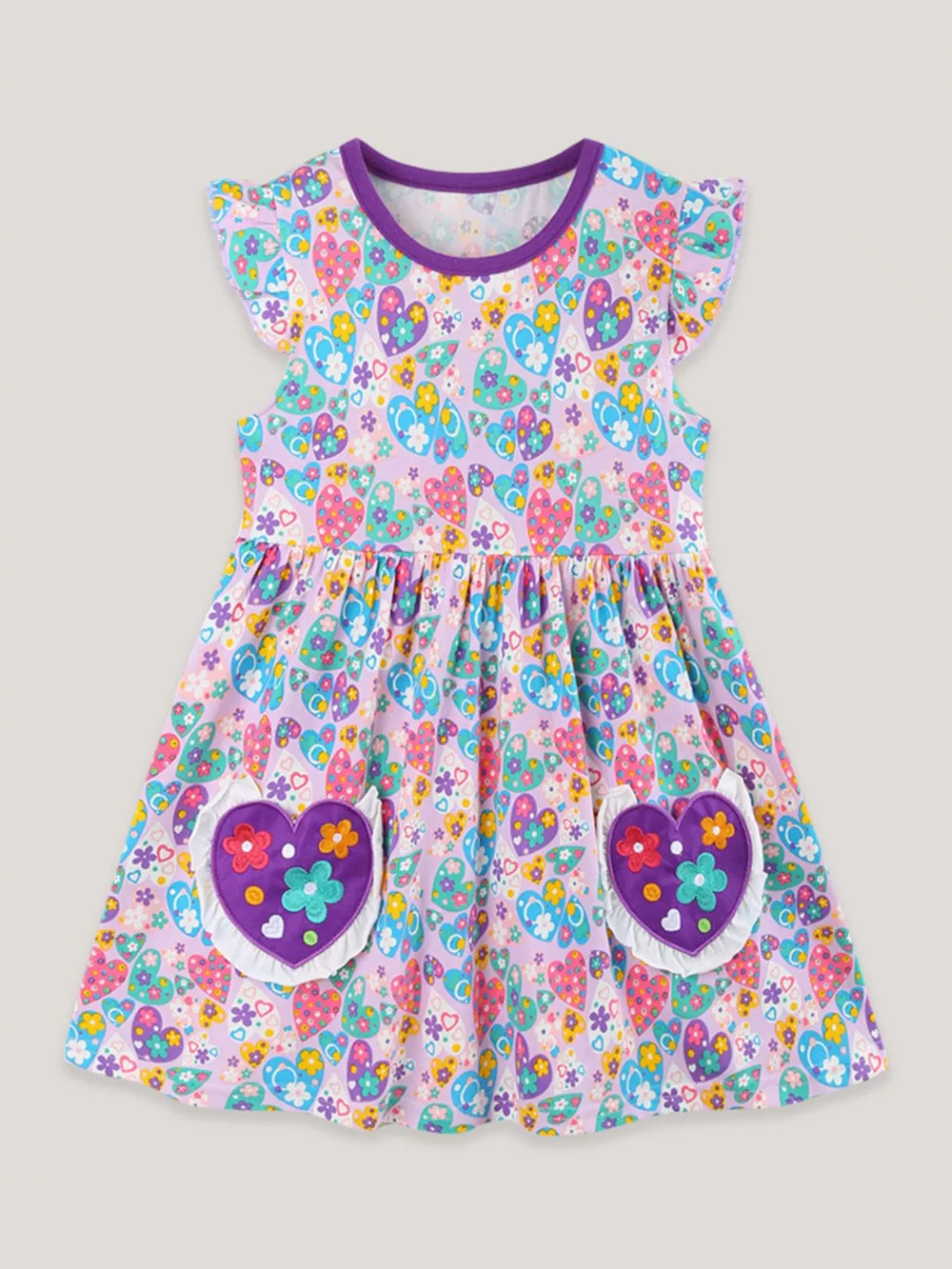 Children's Butterfly & Heart Print Pocket Ruffle Sleeve Dress, image 2