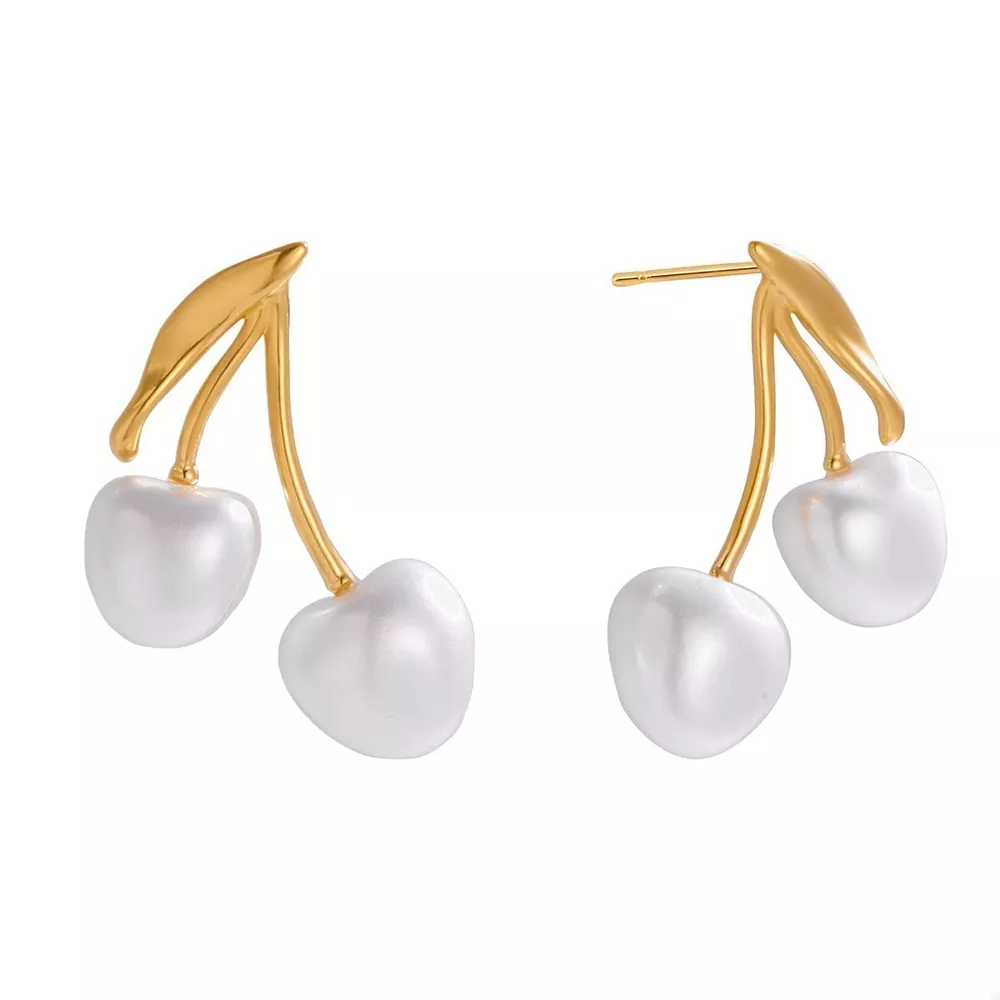 18K Gold-Plated Pearl Cherry Earrings, image 6