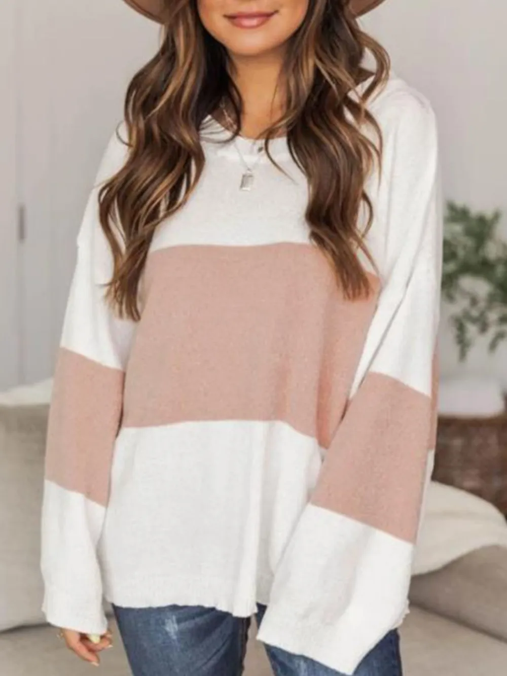Color Block Round Neck Long Sleeve Sweater, image 3