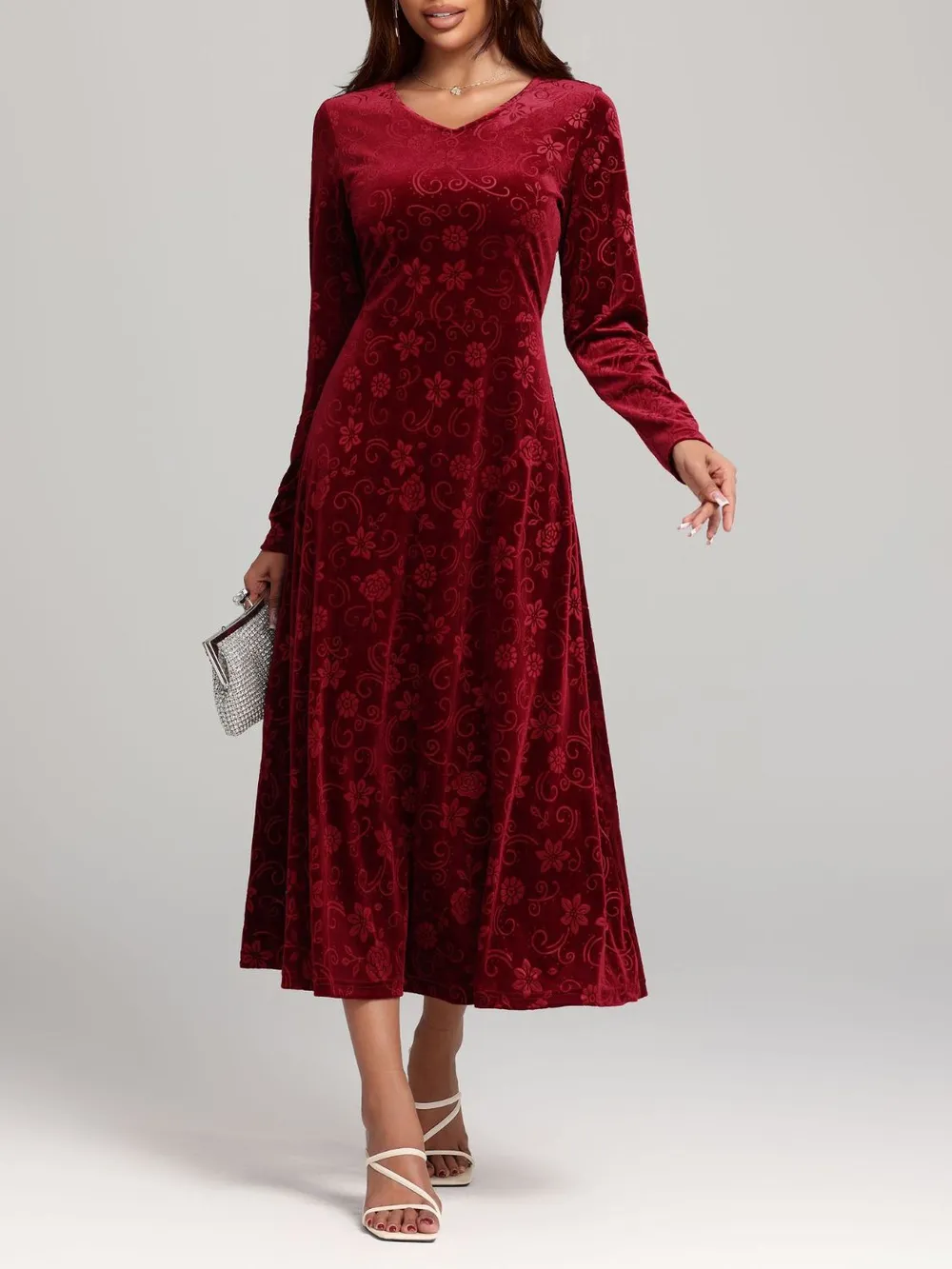 Flower Print V-Neck Long Sleeve Midi Dress, image 3