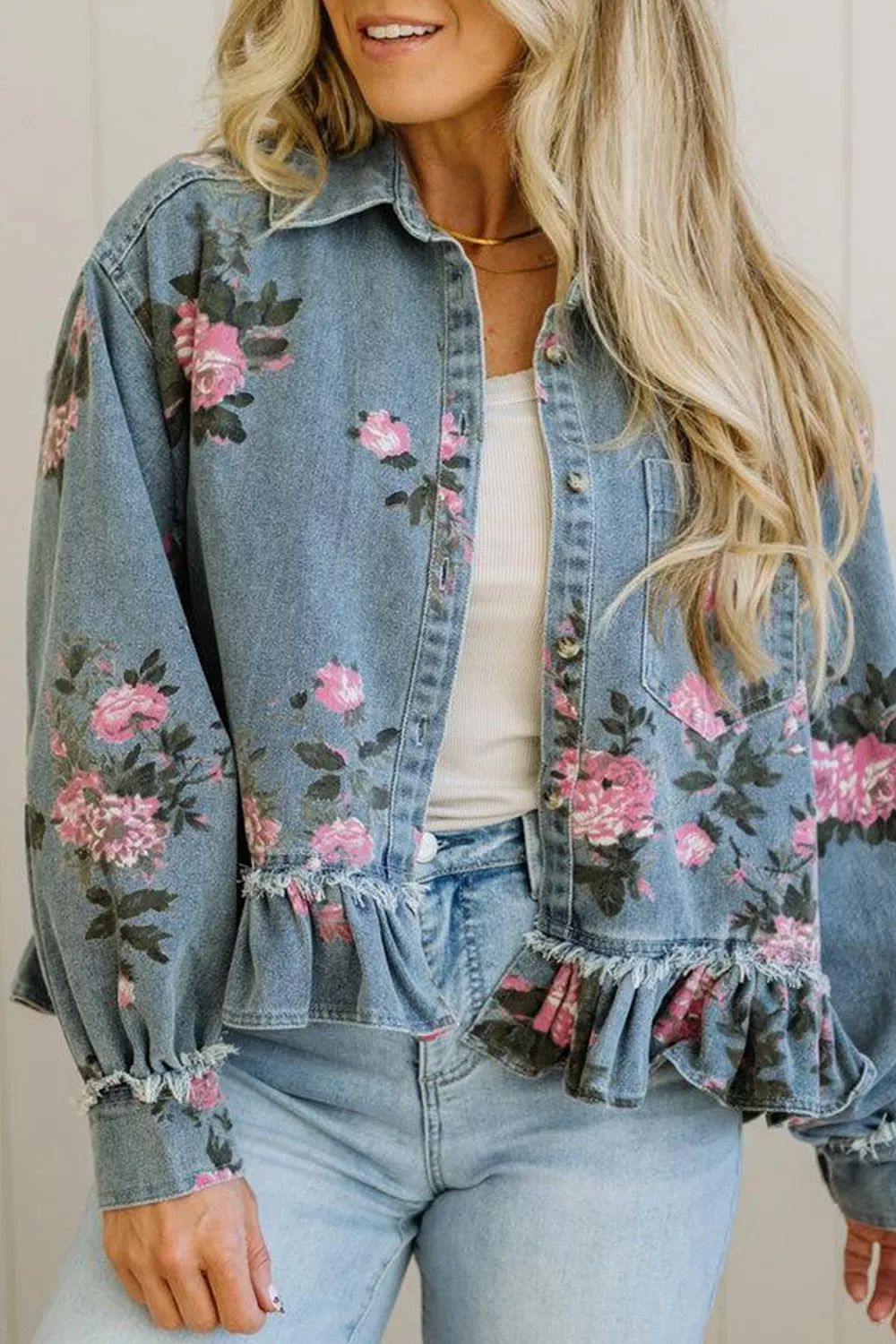 Floral Print Denim Jacket with Ruffled Hem