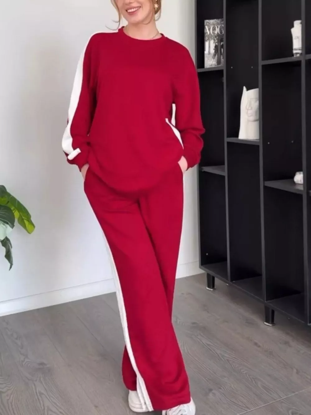 Full Size Contrast Round Neck Top and Pants Set Plus Size, image 18