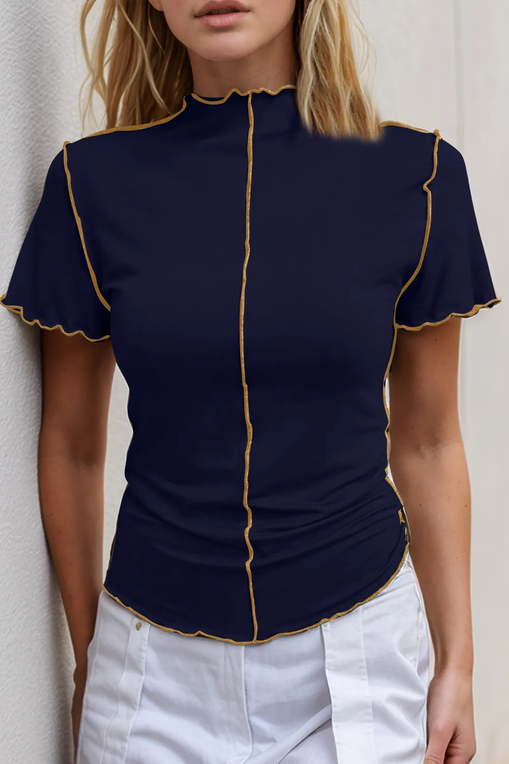 Contrast Trim Mock Neck Short Sleeve T-Shirt, image 4