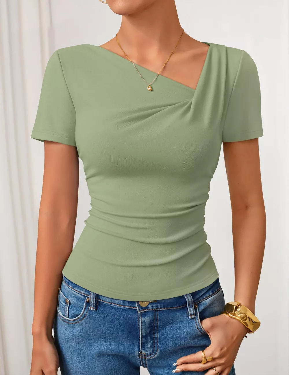 Asymmetrical Neckline Fitted T-Shirt, image 20