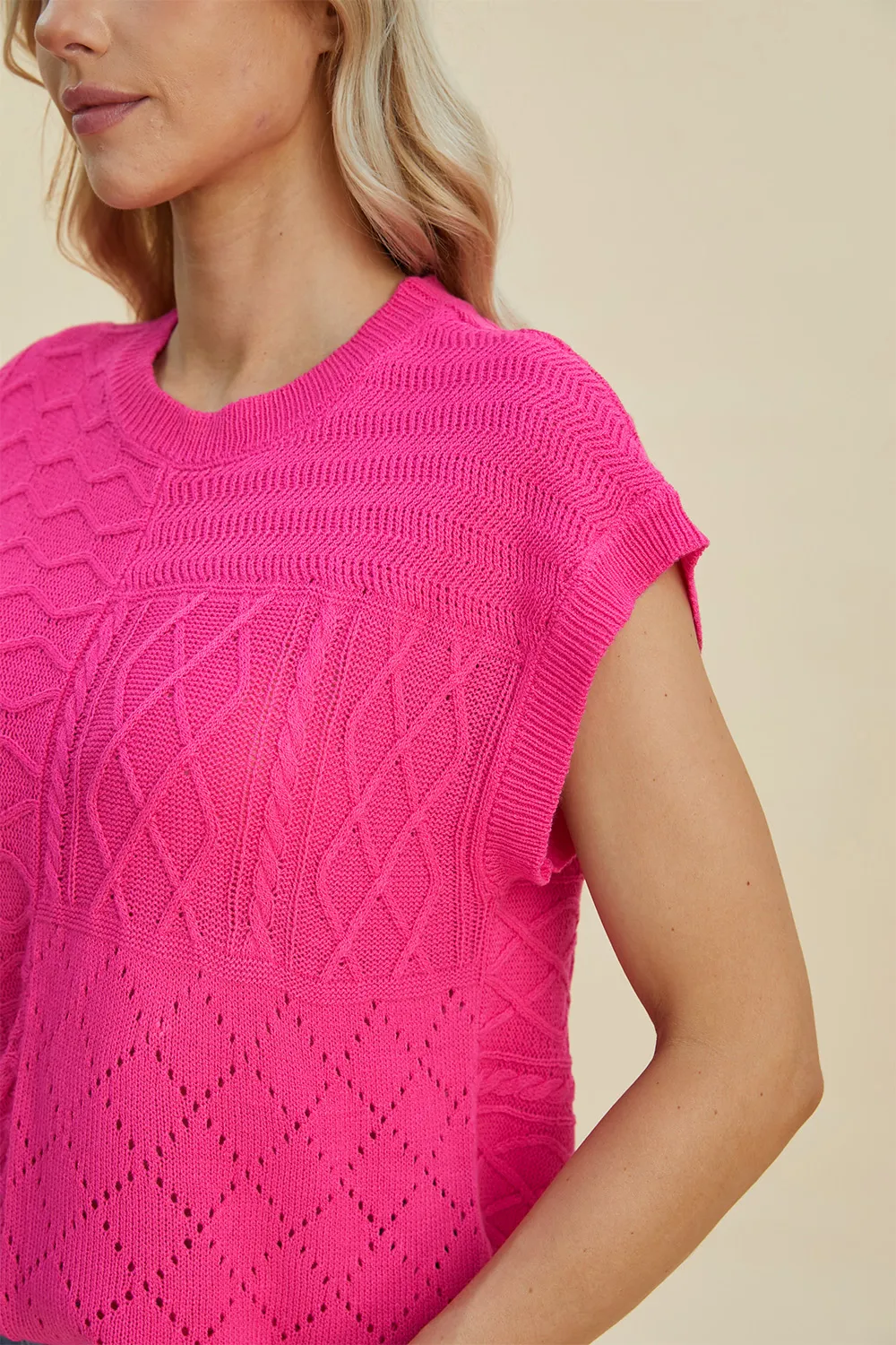 Full Size Cable-Knit Round Neck Cap Sleeve Sweater, image 4