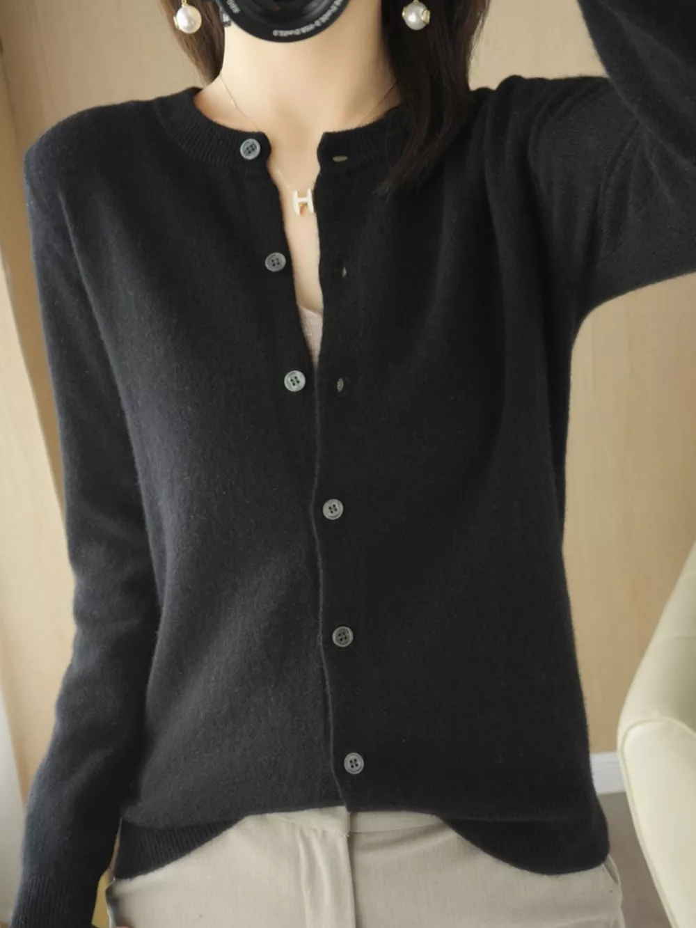 Classic Crew Neck Knit Cardigan, image 7
