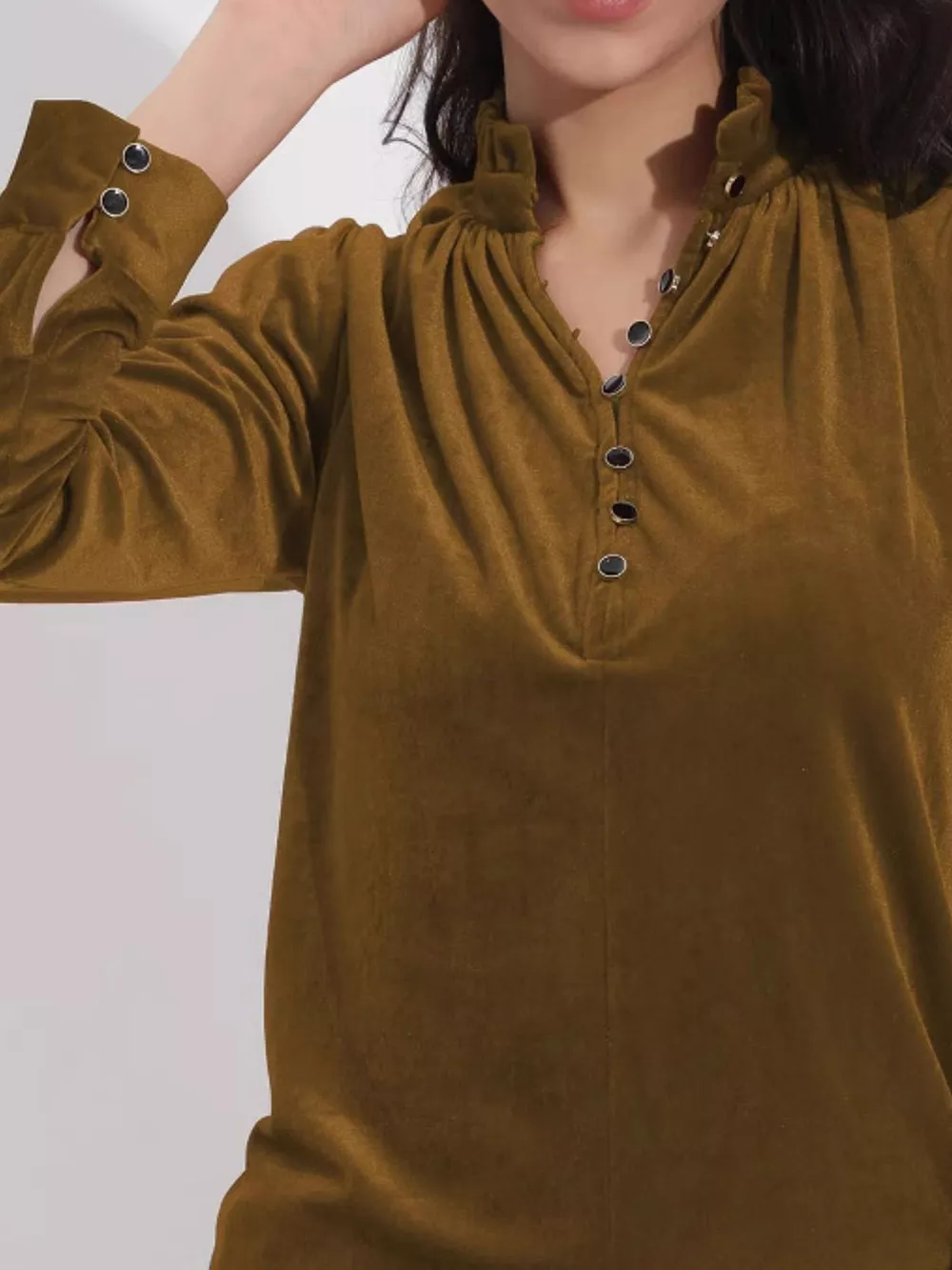 Elegant Velvet Ruffle Neck Blouse, image 9