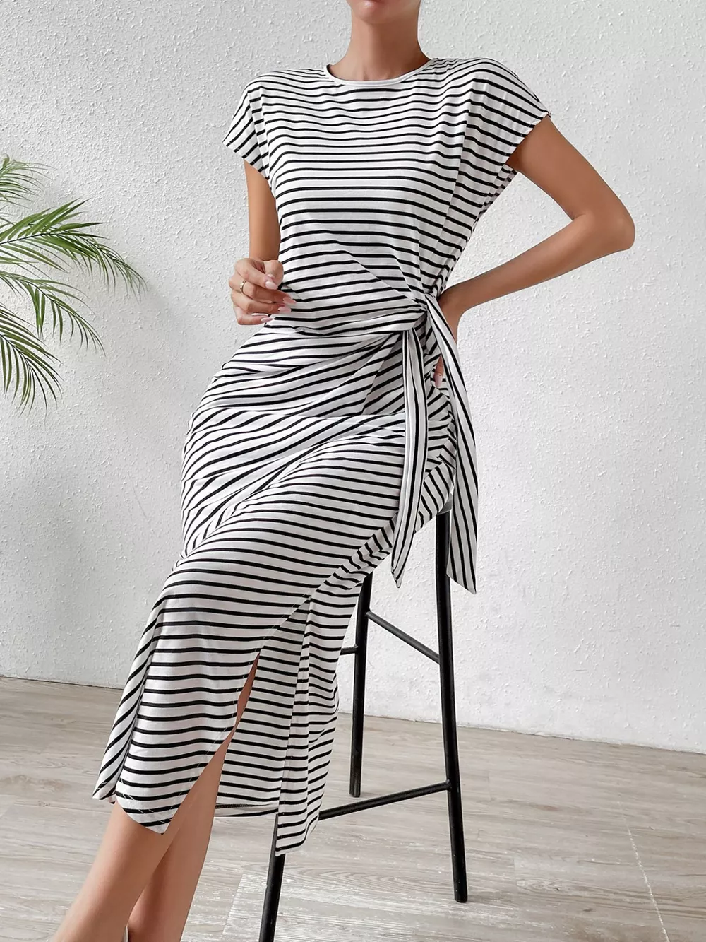 Striped Tie Side Casual Midi Dress, image 6