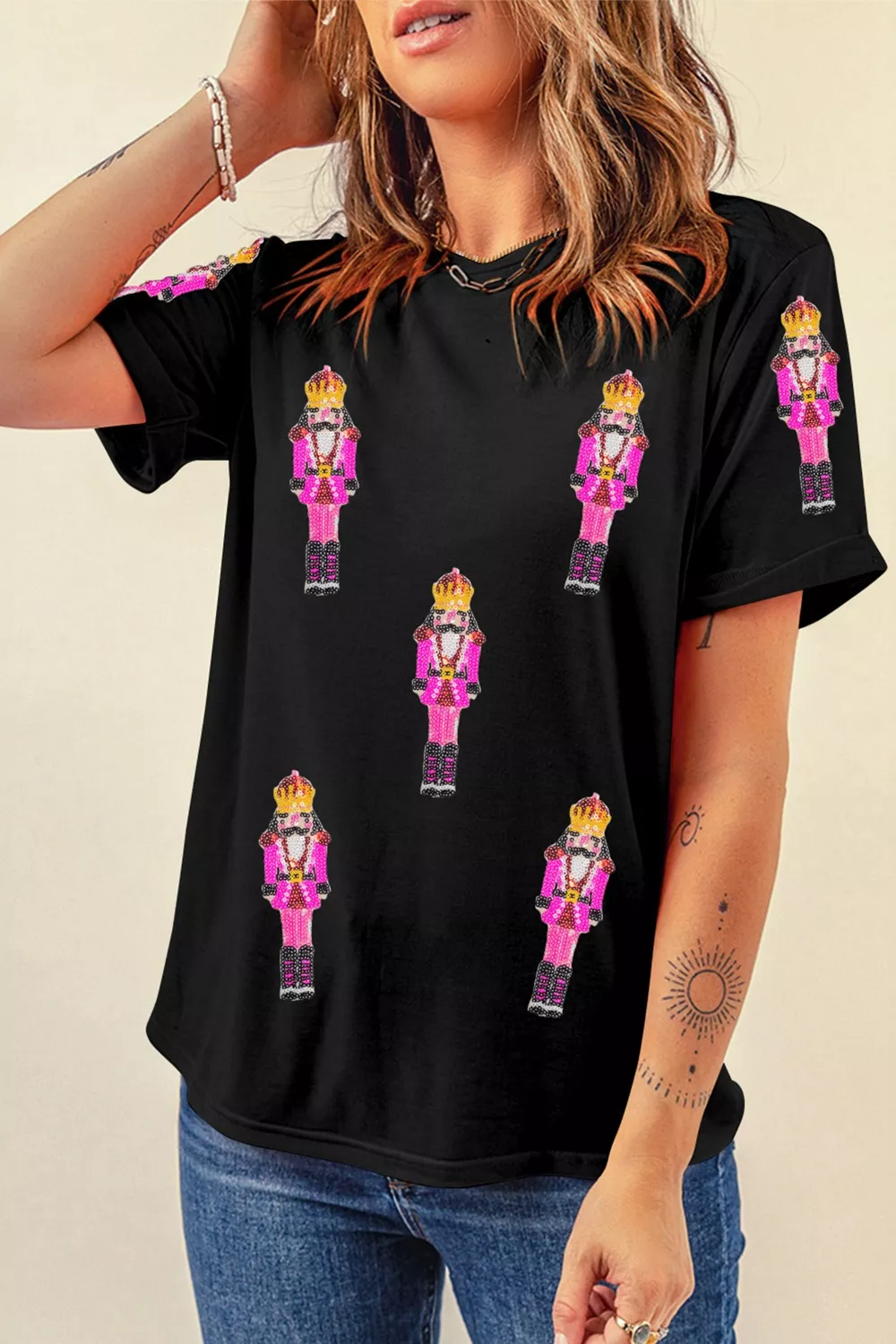 Sequin Patched Christmas Nutcracker Casual T Shirt, image 2
