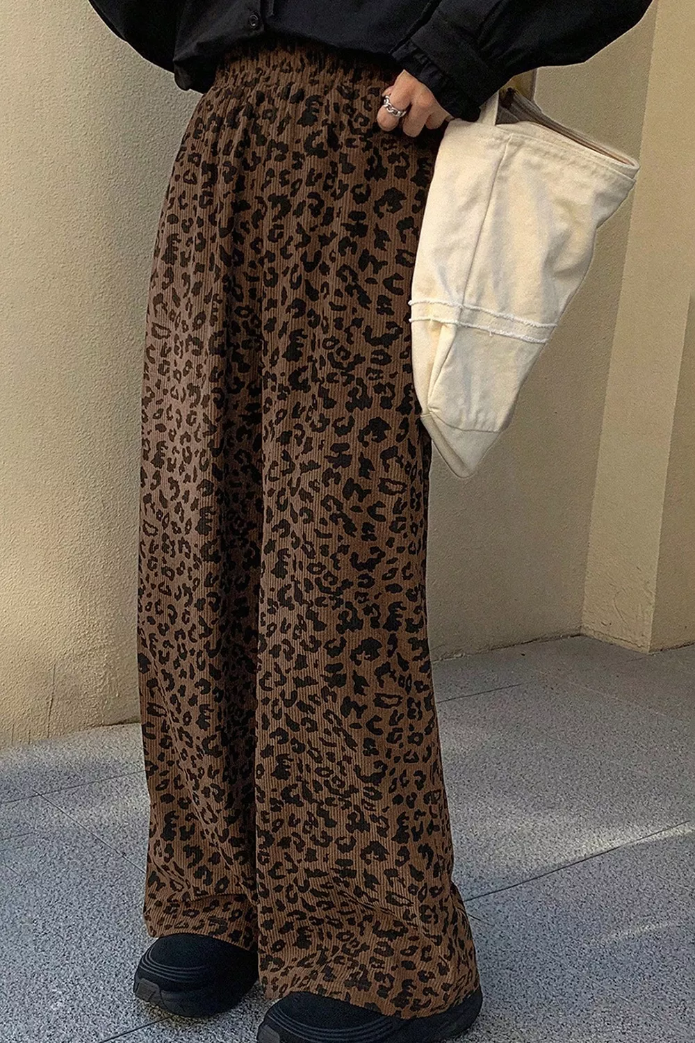 Leopard Print Elastic High Waist Loose Corduroy Pants, image 4
