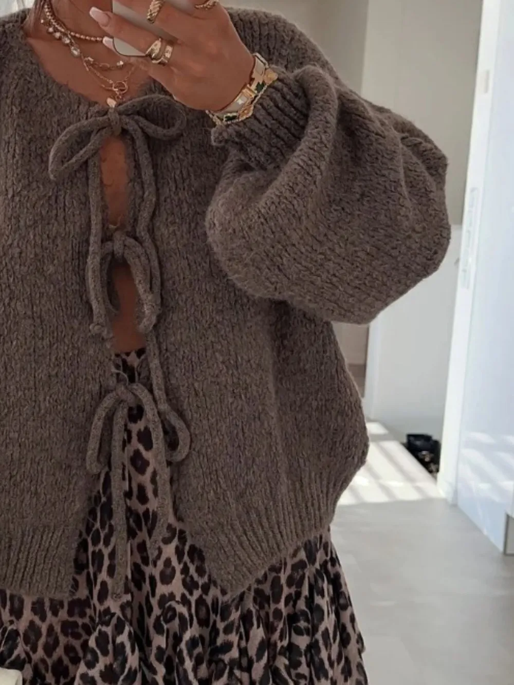 Cozy Bow-Tie Front Knit Cardigan, image 3