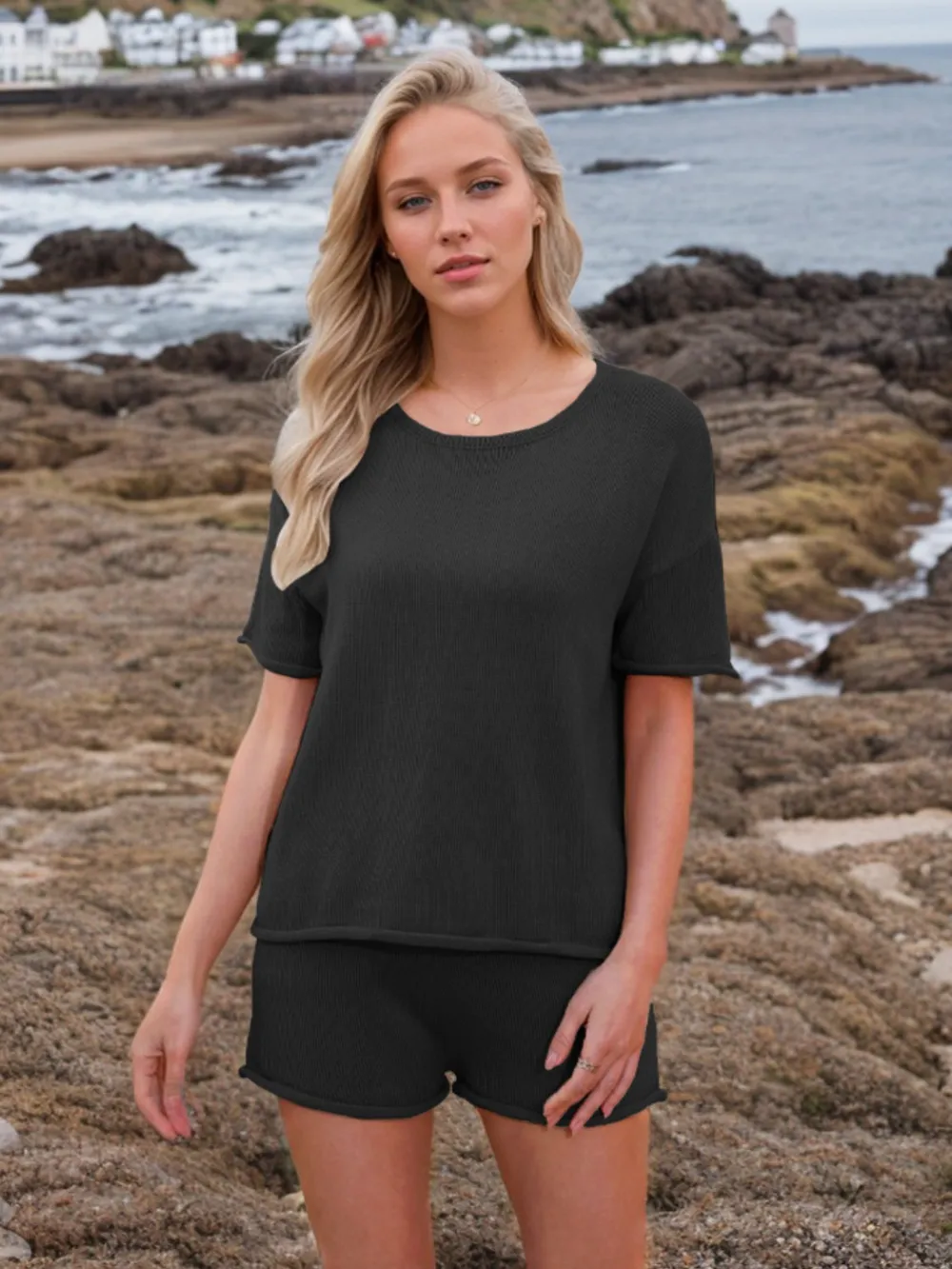 Round Neck Short Sleeve Top and Shorts Sweater Set, image 21