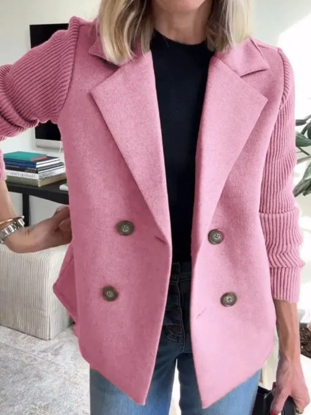 Full Size Knit Sleeve Double-Breasted Outerwear Plus Size, image 4