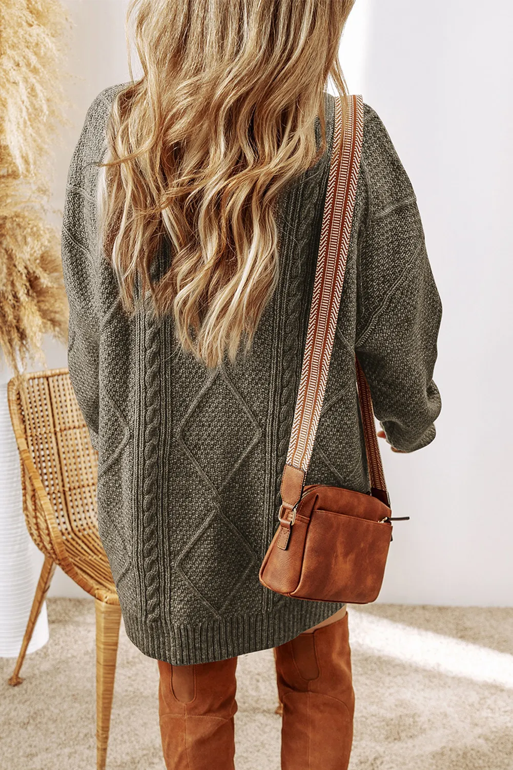 Cable-Knit Round Neck Sweater Dress, image 2