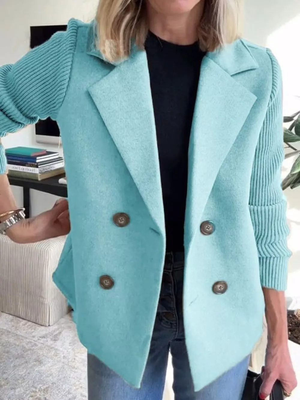Full Size Knit Sleeve Double-Breasted Outerwear Plus Size, image 5