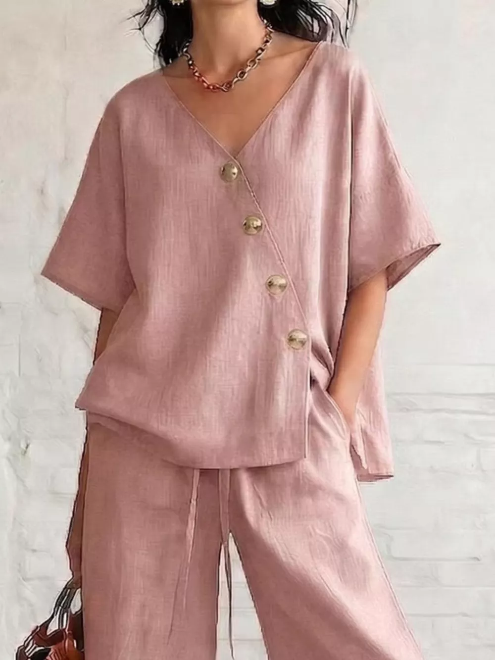Full Size Surplice Half Sleeve Top and Wide-Leg Pants Set Plus Size, image 8