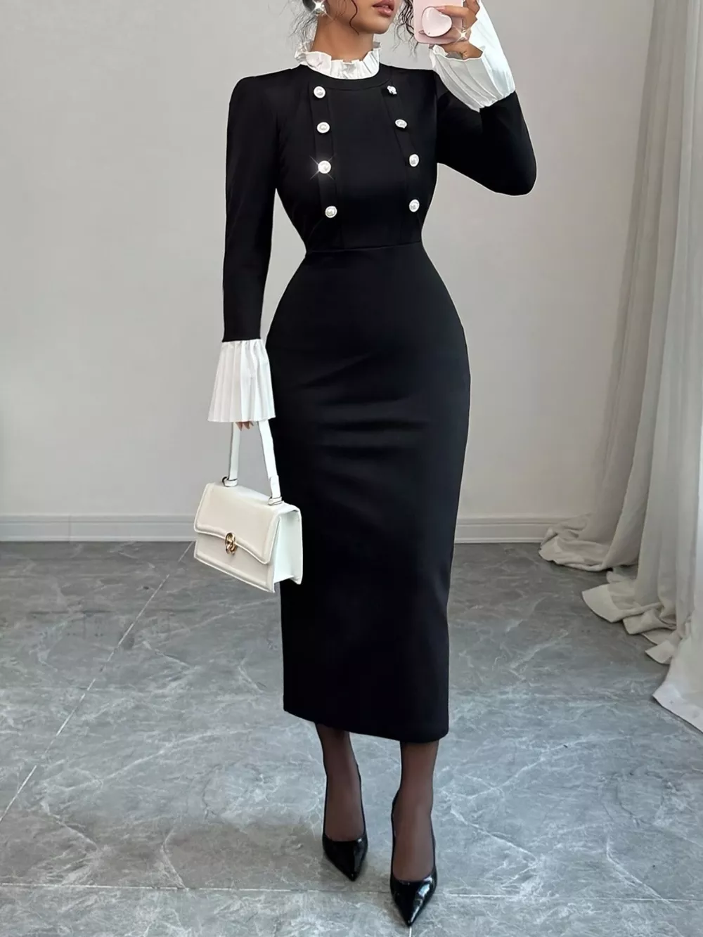 Two Tone Long Sleeve Midi Dress, image 2