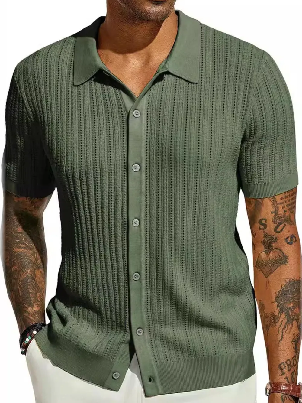 Men's Full Size Openwork Button Down Collared Neck Shirt Plus Size, image 7