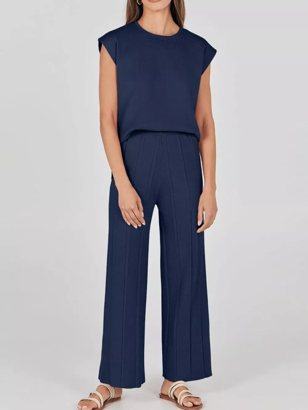 Casual Solid Color Cap Sleeve Top and Pants Knit Set, image 10