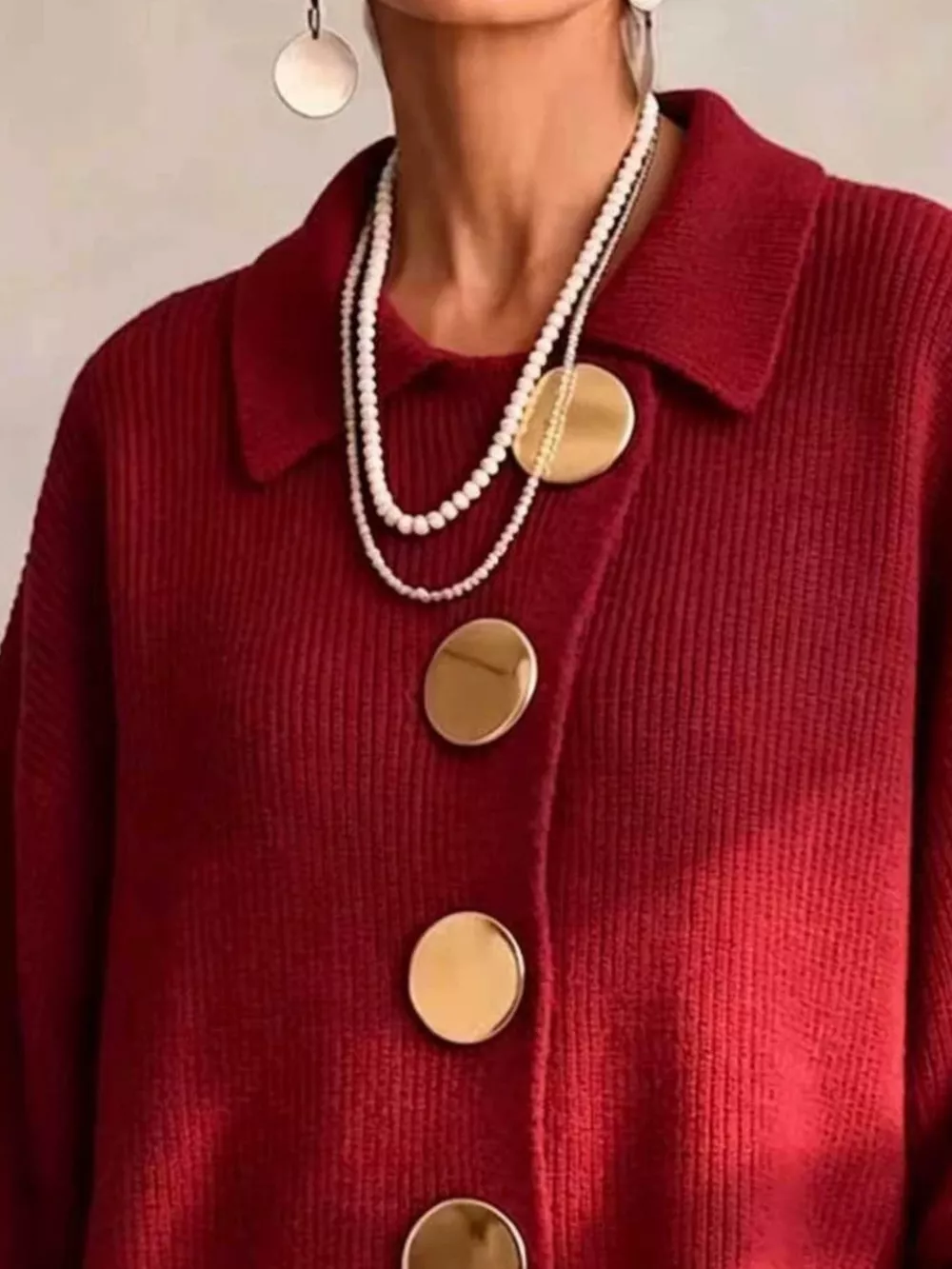 Full Size Gold Buttons Lantern Sleeve Cardigan Plus Size, image 11