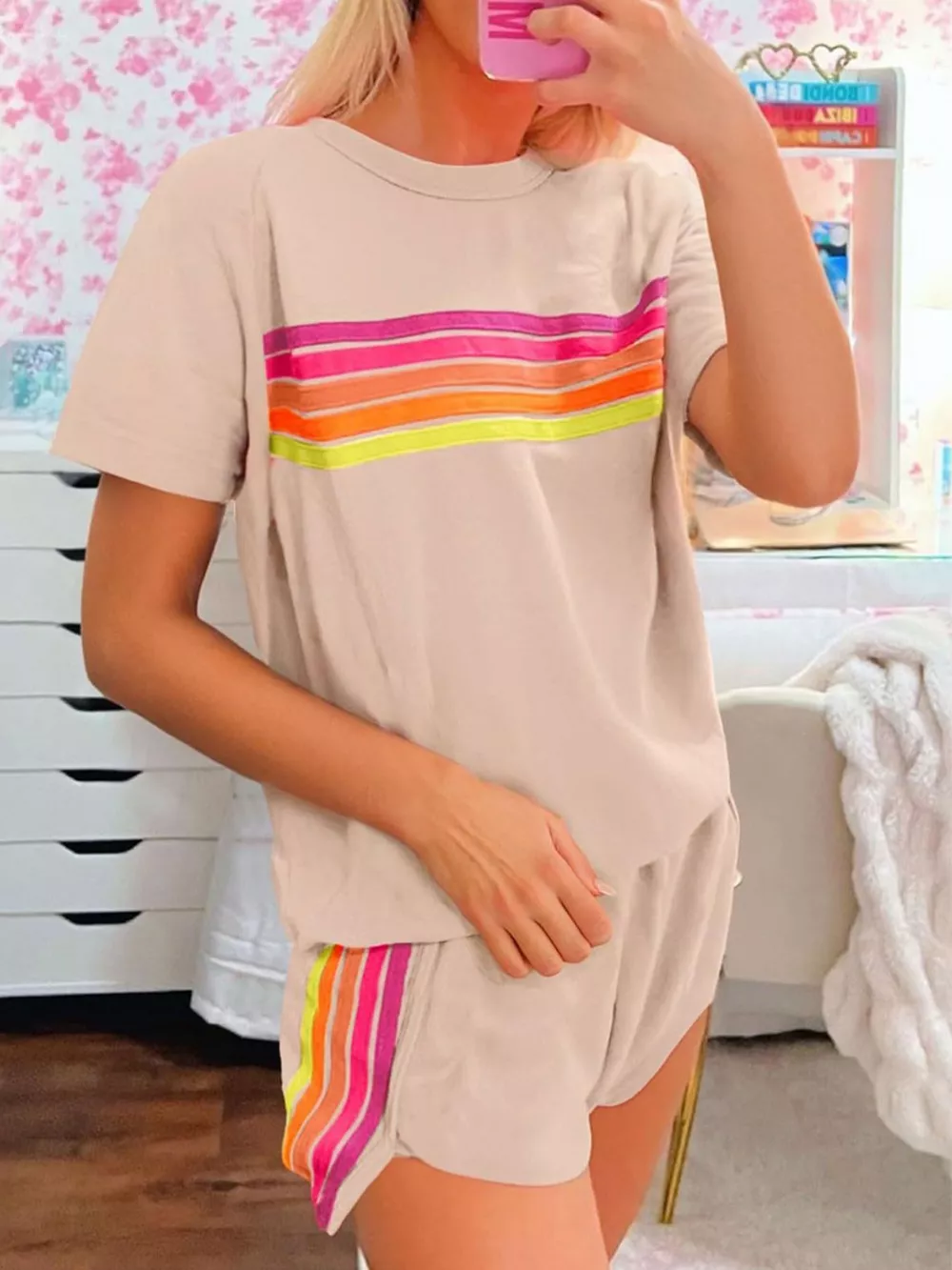 Rainbow Striped Round Neck Top and Shorts Set, image 3