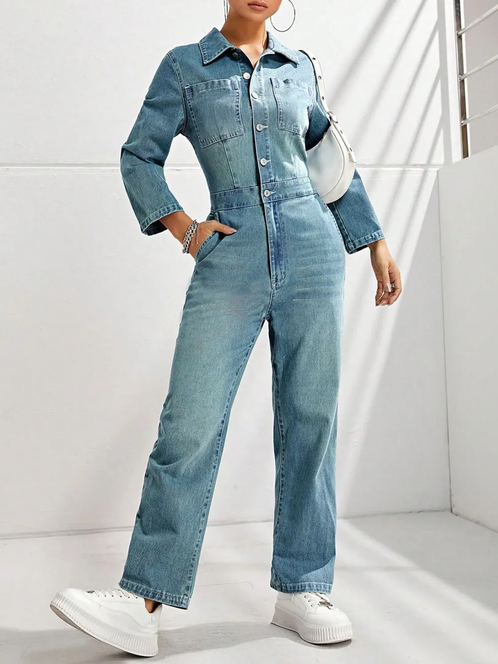 Half Button Long Sleeve Straight Leg Denim Jumpsuit, image 4