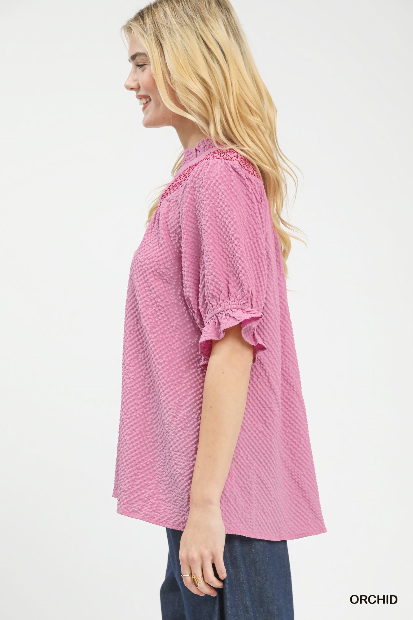 Textured Henley Blouse with Ruffle Cuffs, image 3