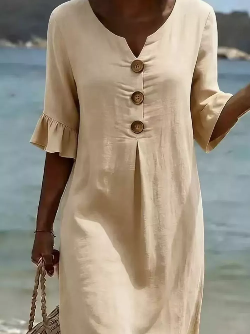 Full Size Button Decor Ruffle Sleeve Midi Dress Plus Size, image 8