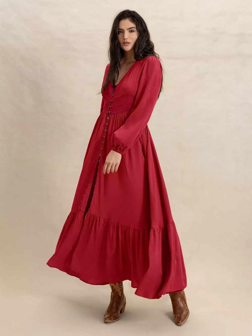 V-Neck Balloon Sleeve Ruffled Hem Maxi Dress, image 4