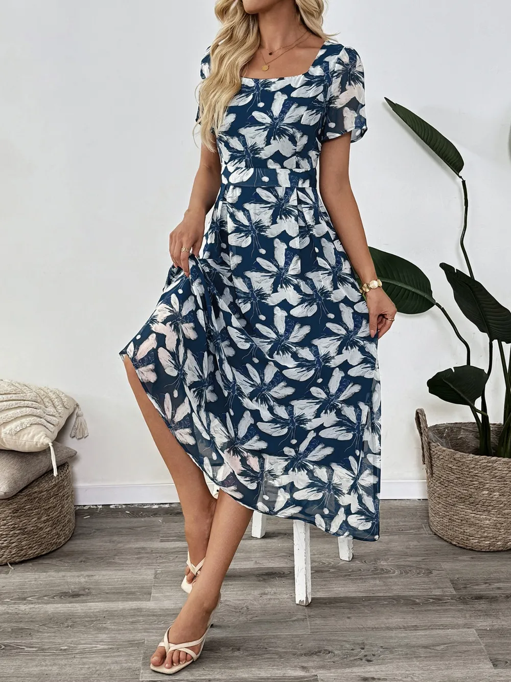 Printed Square Neck Midi Dress, image 2