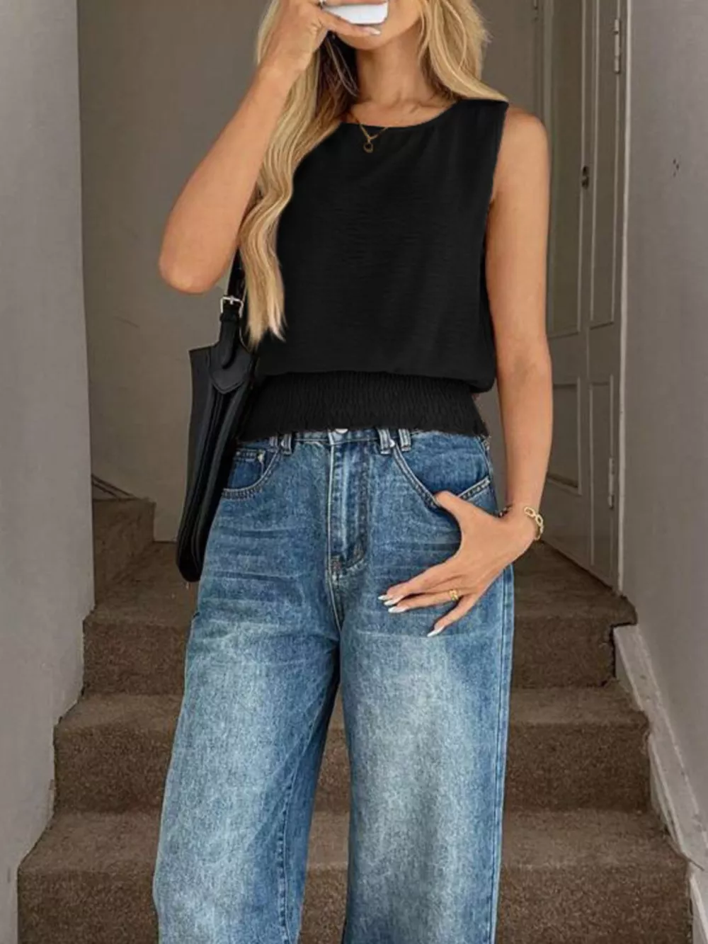 Smocked Waist Round Neck Tank, image 2