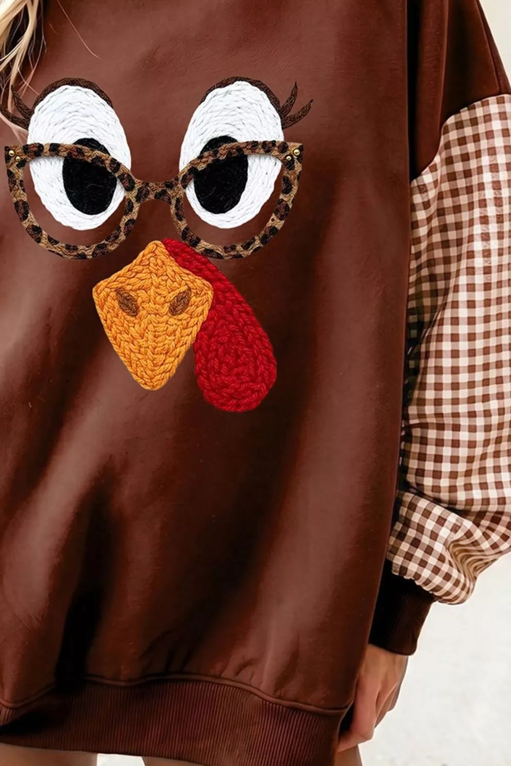 Thanksgiving Turkey Plaid Sleeve Pullover Sweatshirt, image 2