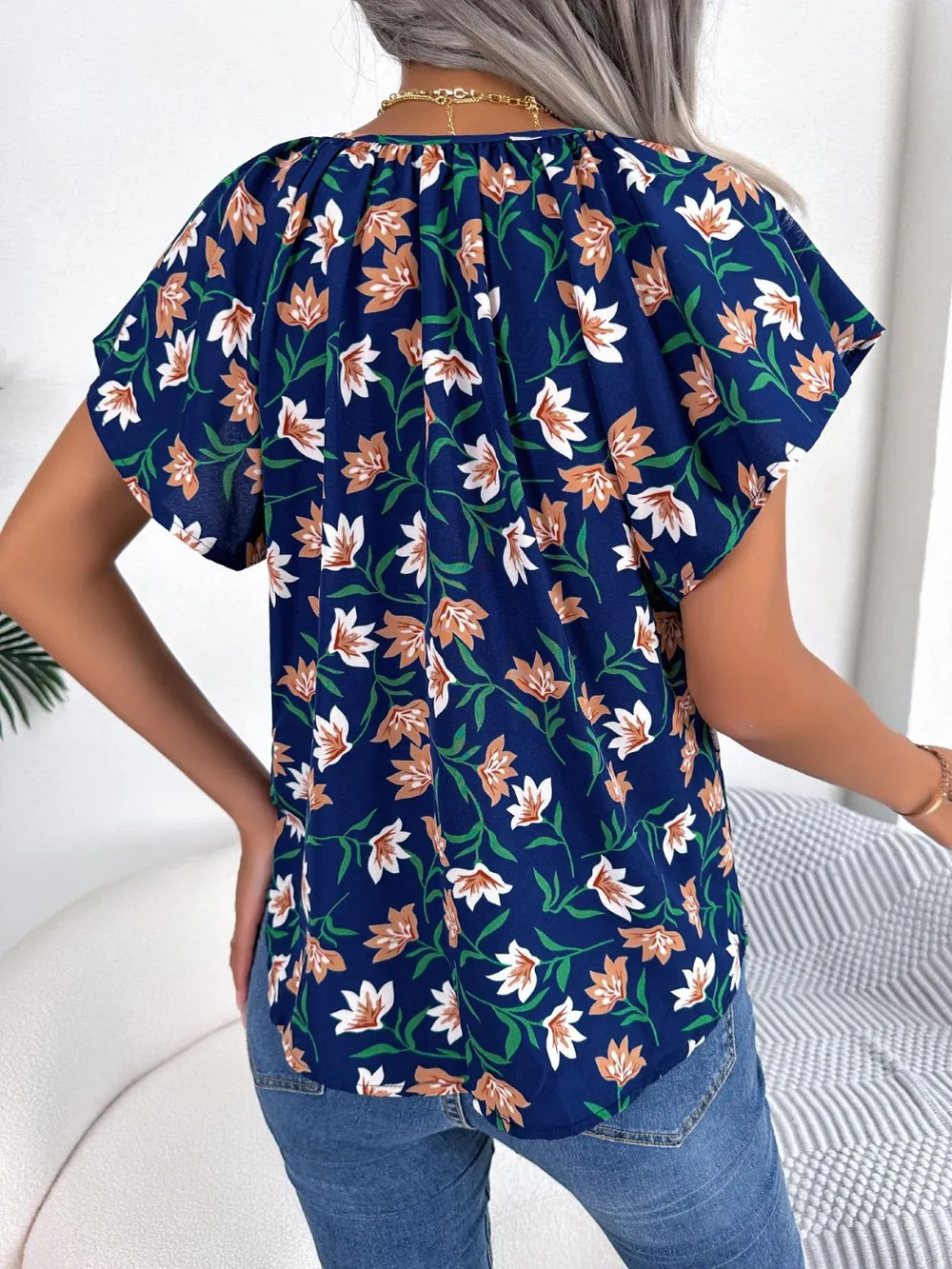 Floral Tie Neck Flutter Sleeve Blouse, image 12