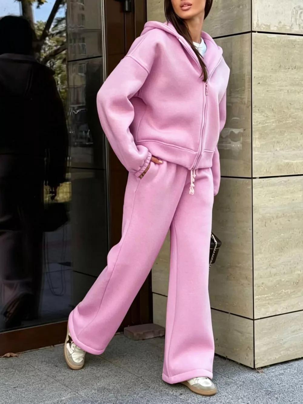 Zip-Up Hoodie and Wide-Leg Sweatpants Set, image 4