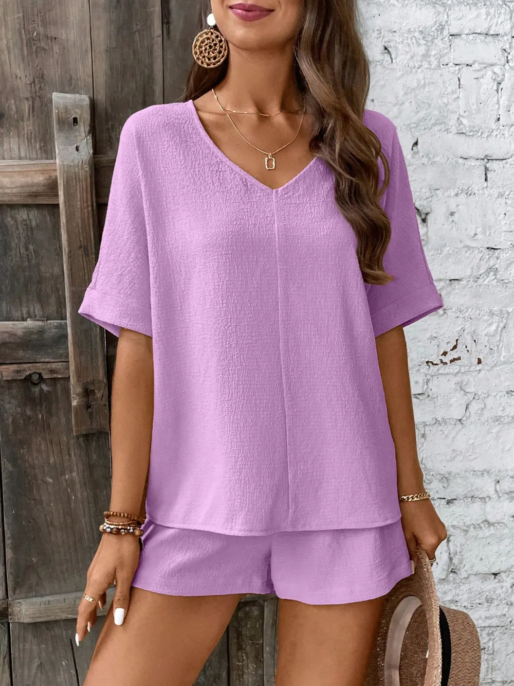 V-Neck Half Sleeve Top and Shorts Set, image 3