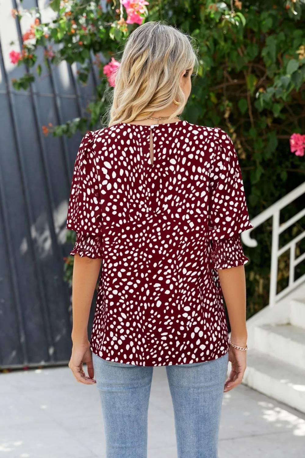 Polka Dot Round Neck Lantern Sleeve Blouse, image 11