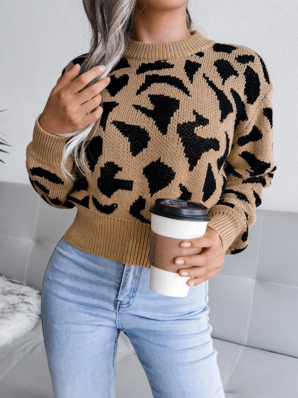 Leopard Round Neck Dropped Shoulder Sweater, image 5