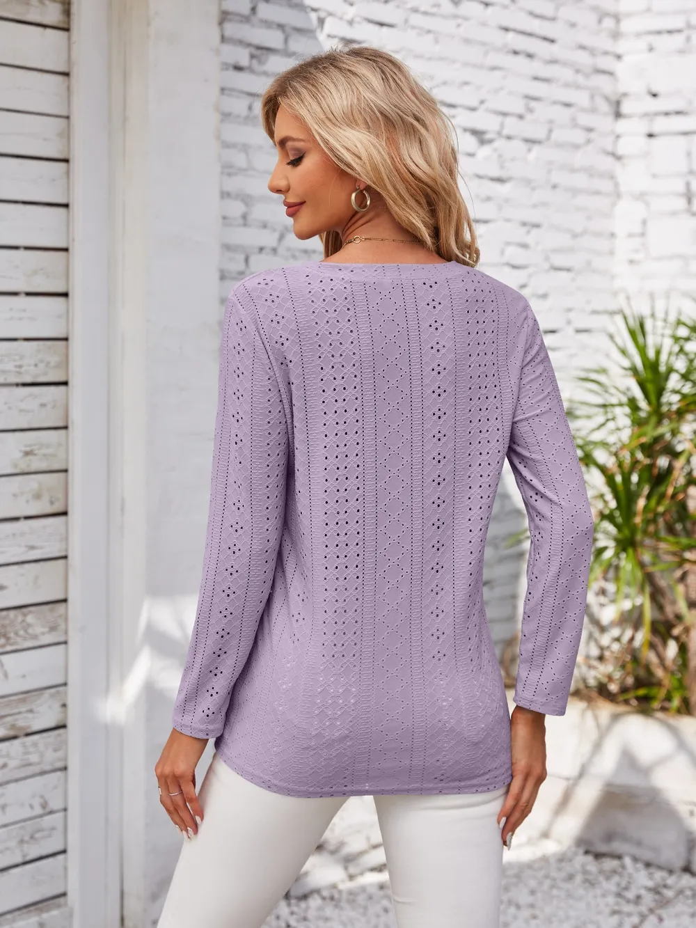 Decorative Button Openwork V-Neck T-Shirt, image 24