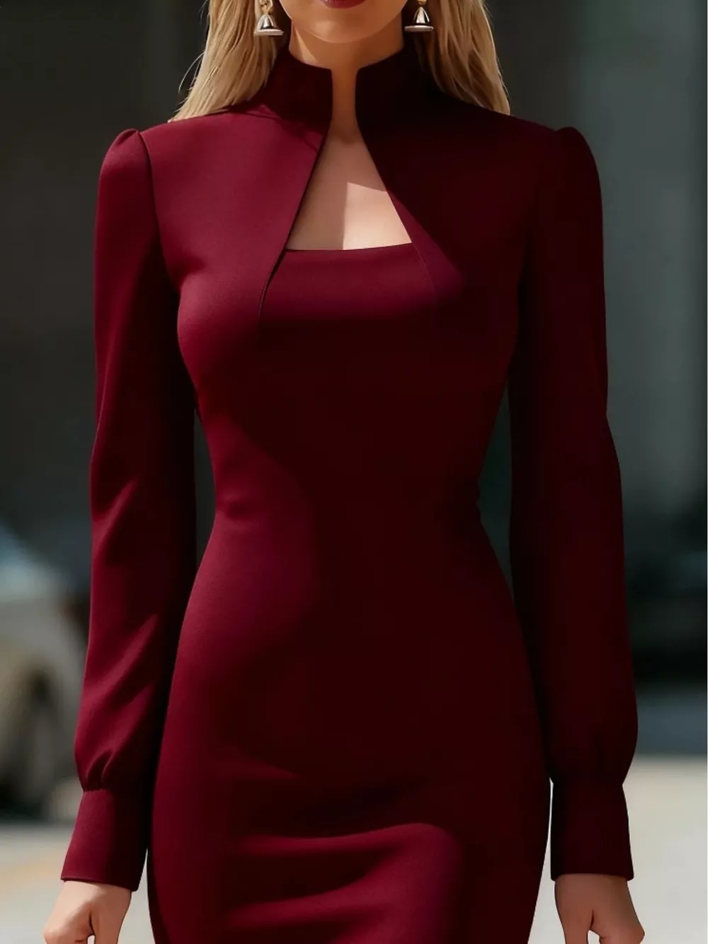 Slit High Neck Long Sleeve Dress, image 3