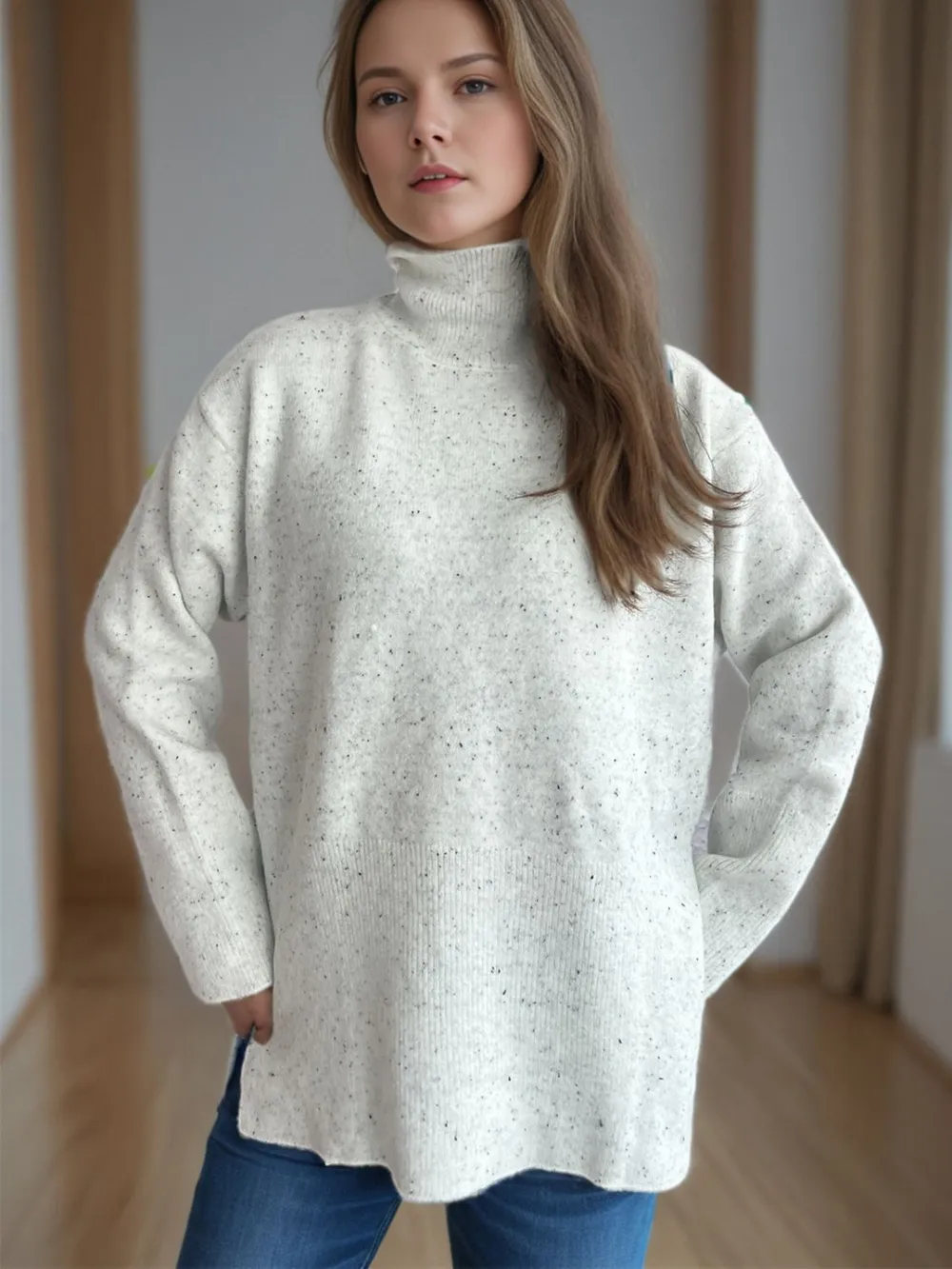 Side Slit Turtleneck Long Sleeve Sweater, image 6