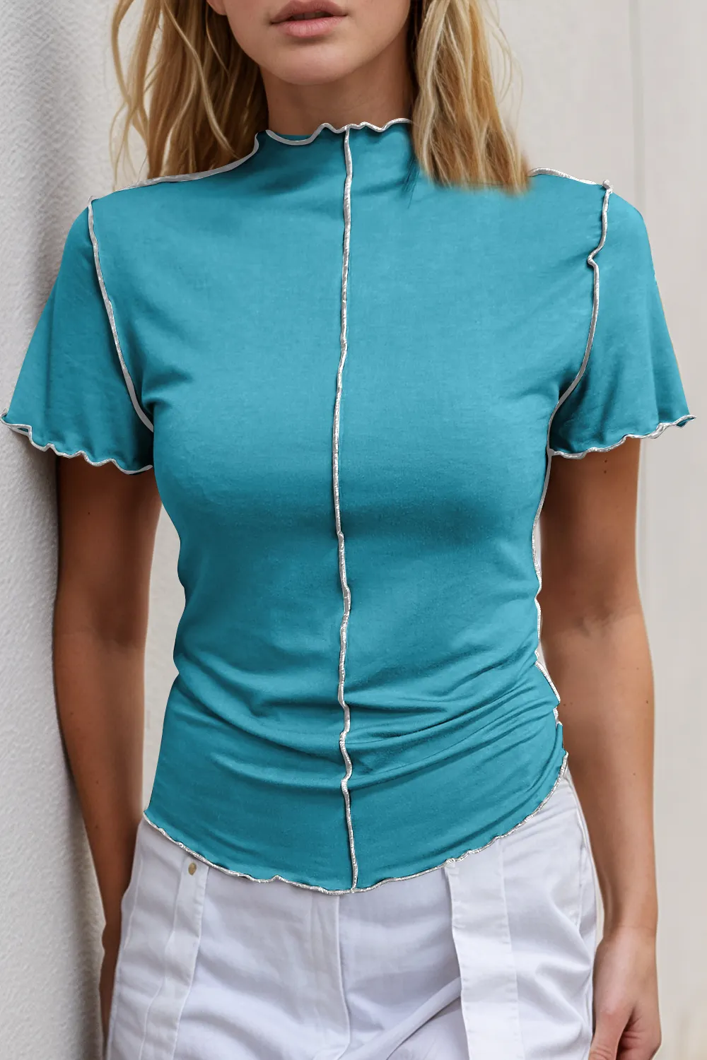 Contrast Trim Mock Neck Short Sleeve T-Shirt, image 5