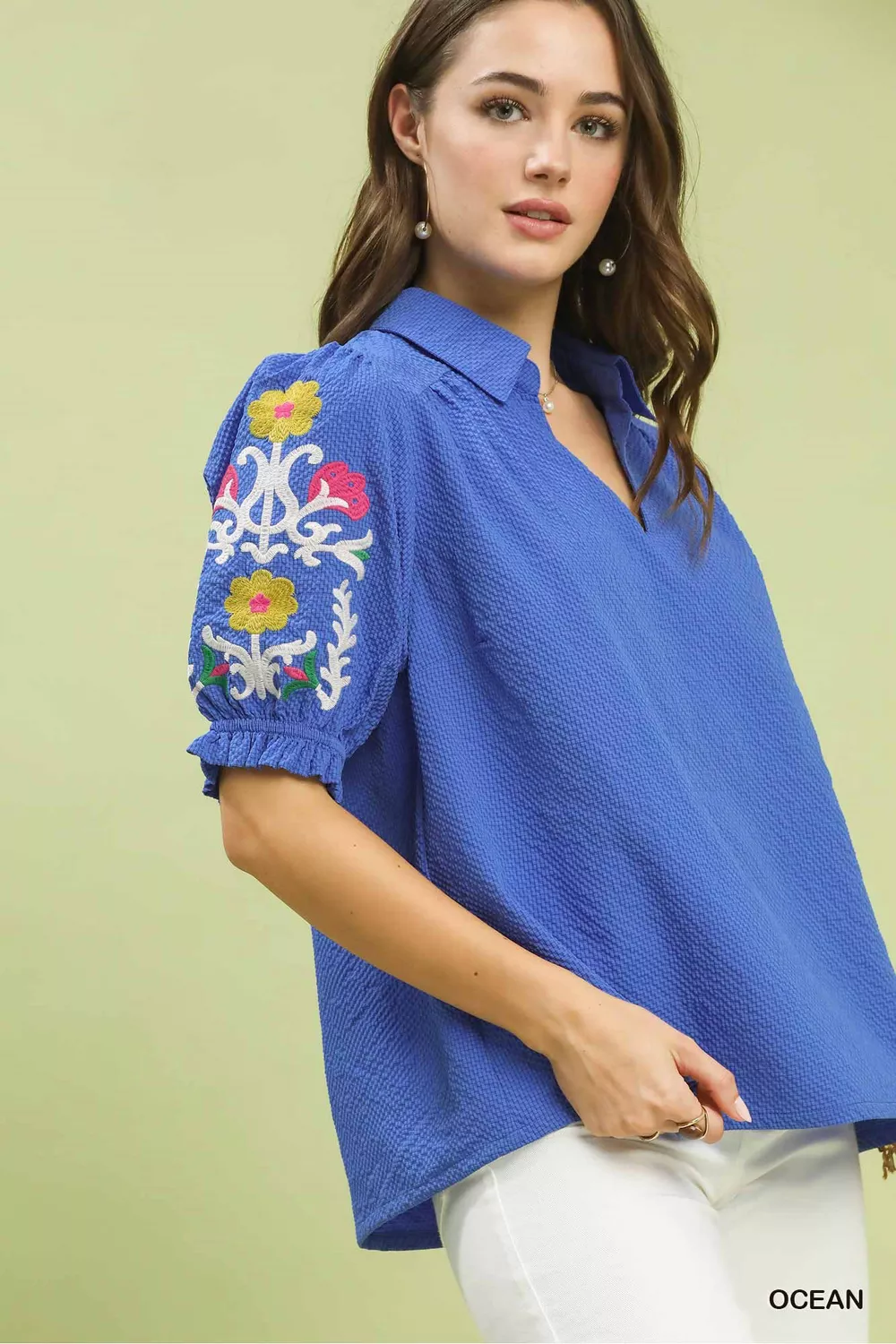 Seersucker Embroidered Sleeve Blouse, image 2