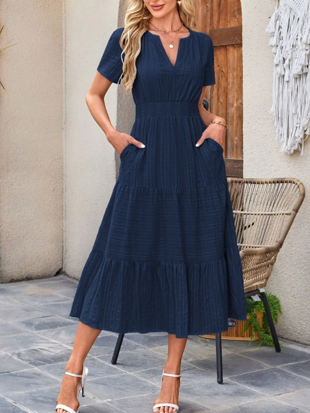 Tiered Notched Short Sleeve Dress, image 4