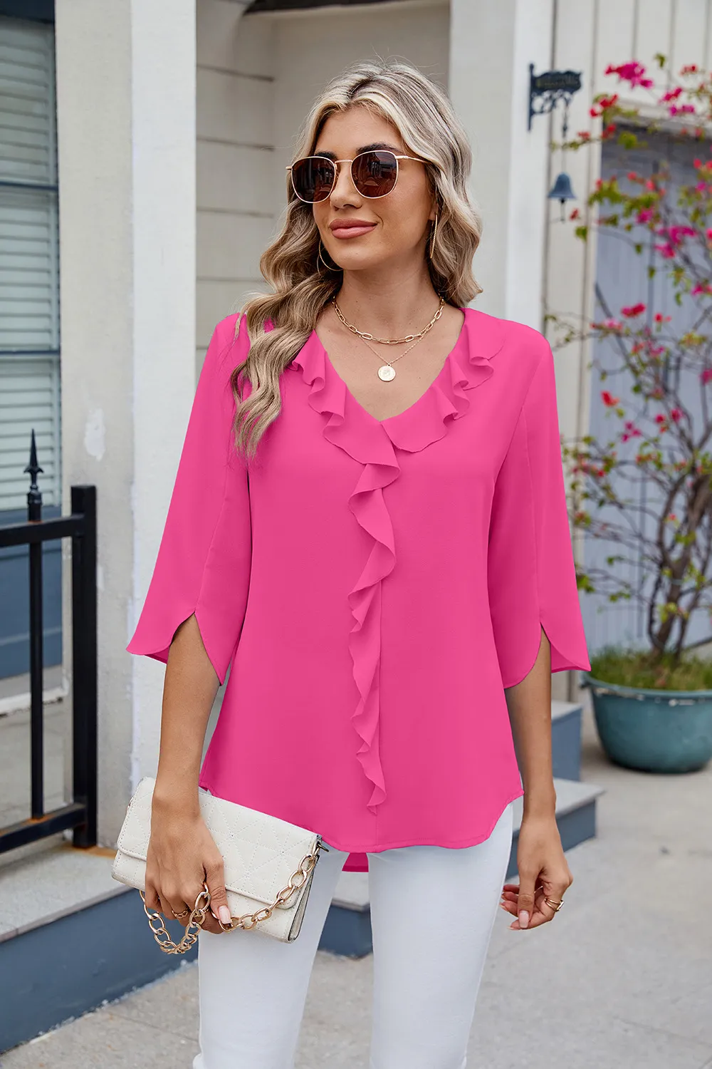 Ruffled V-Neck Three-Quarter Sleeve Blouse, image 12