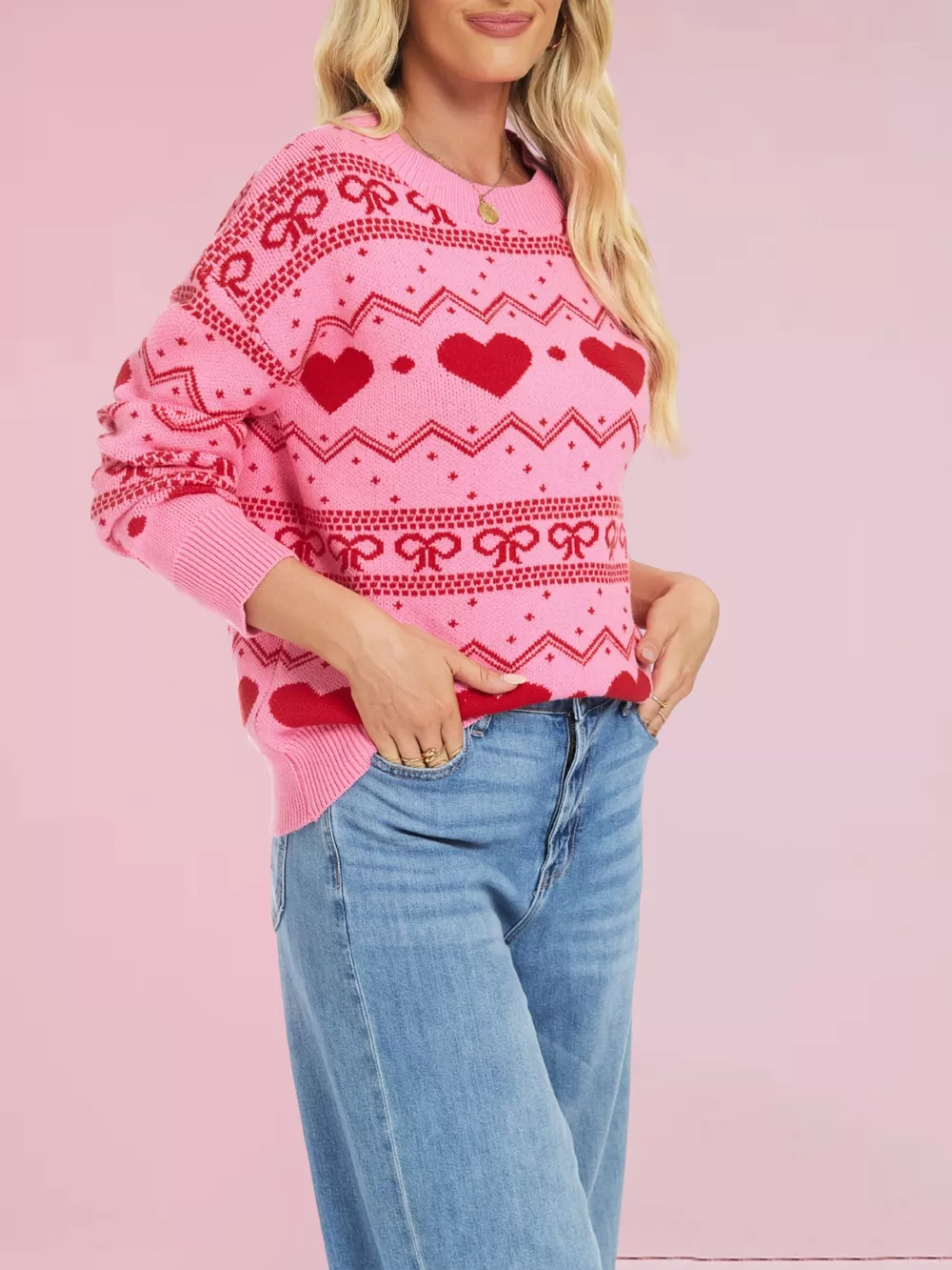 Heart & Bow Pattern Round Neck Sweater, image 6