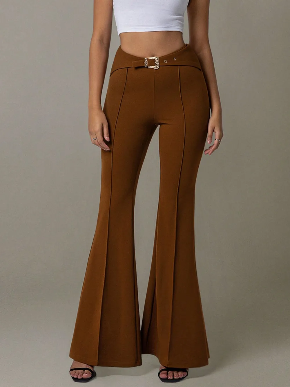 High Waist Flare Pants with Buckle Belt, image 2