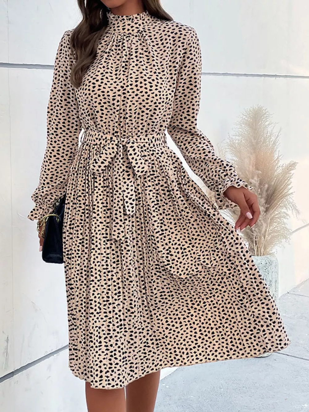 Animal Print Mock Neck Flounce Sleeve Dress, image 2